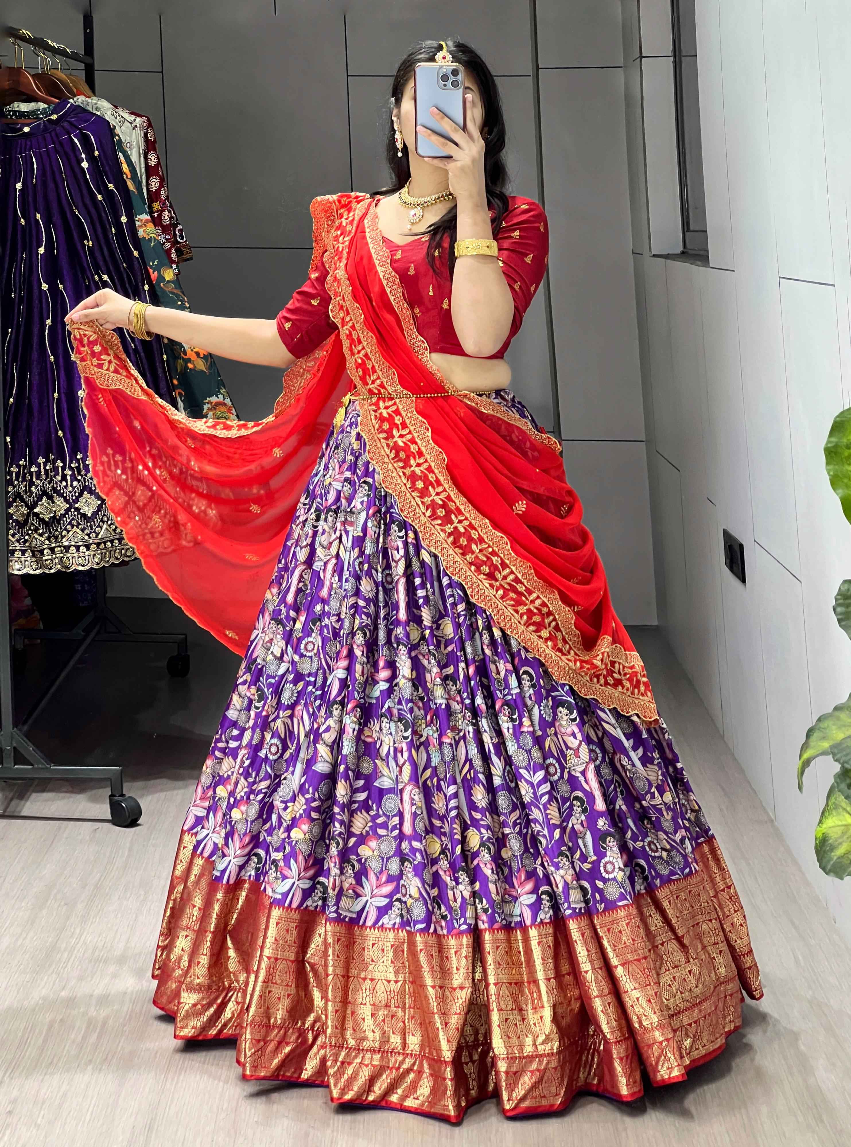 Purple Pure Soft Dola Silk Fully Kalamkari Printed Foil Work Lehenga Choli