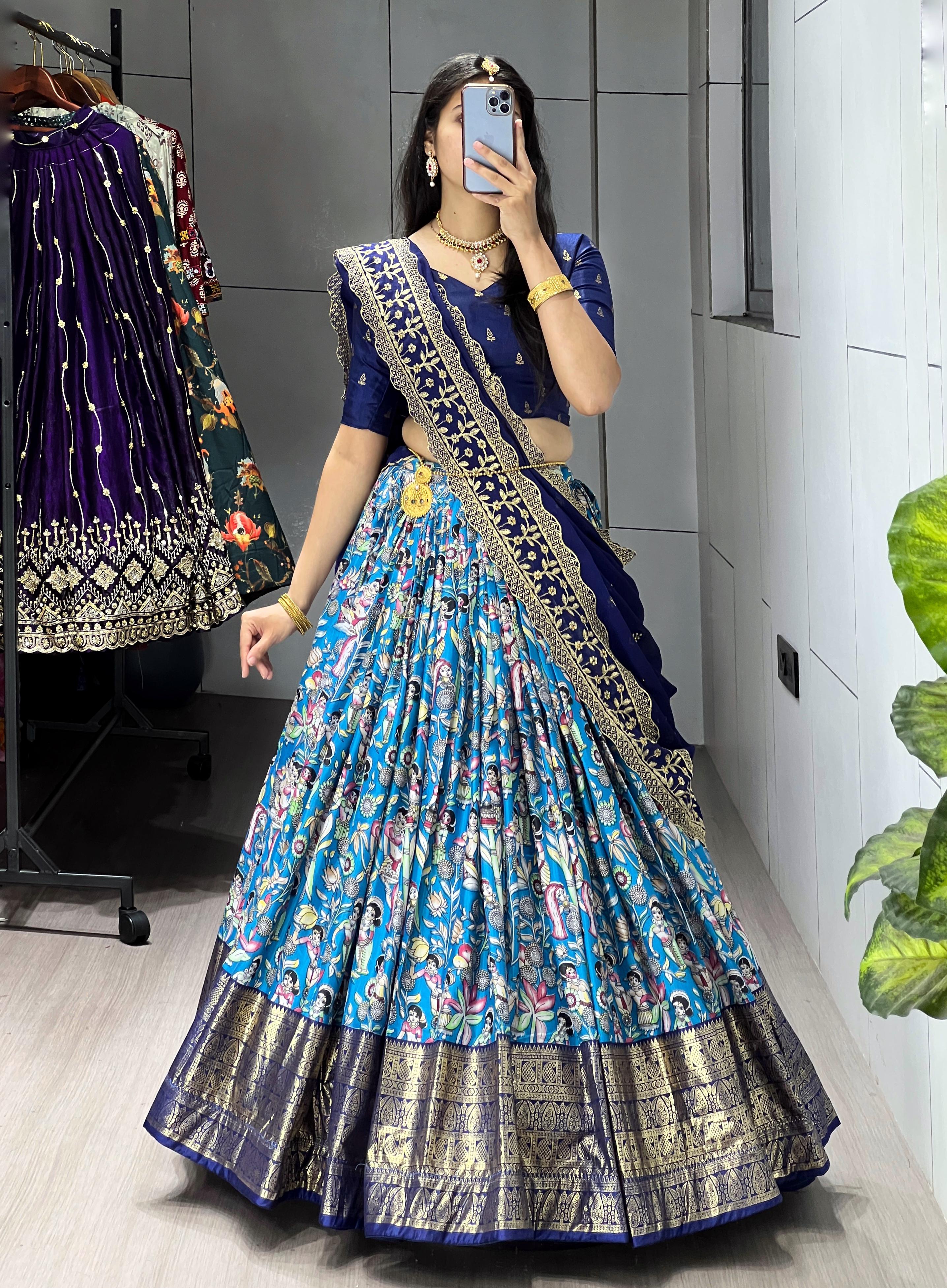 Firozi Pure Soft Dola Silk Fully Kalamkari Printed Foil Work Lehenga Choli