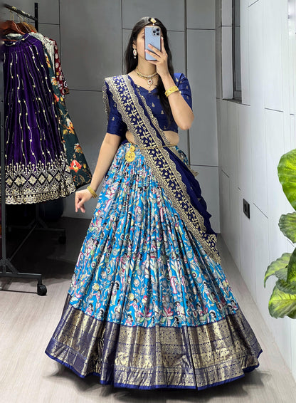 Firozi Pure Soft Dola Silk Fully Kalamkari Printed Foil Work Lehenga Choli