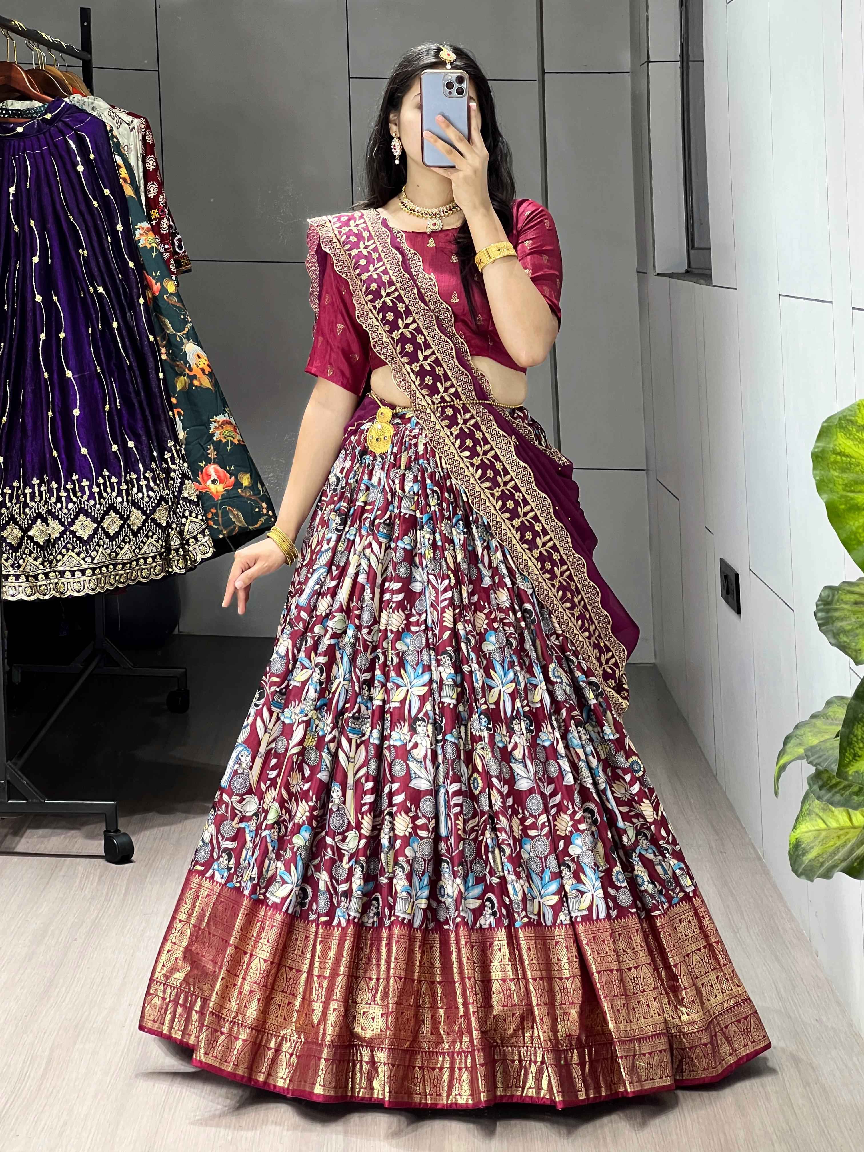 Wine Pure Soft Dola Silk Fully Kalamkari Printed Foil Work Lehenga Choli