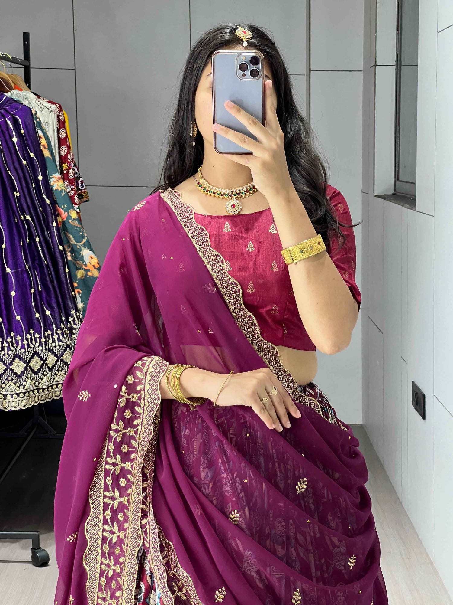 Wine Pure Soft Dola Silk Fully Kalamkari Printed Foil Work Lehenga Choli