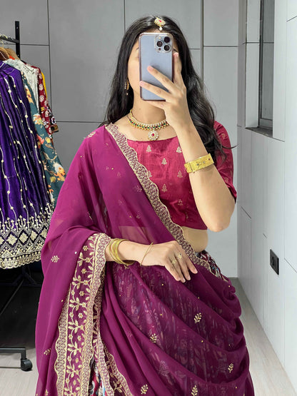Wine Pure Soft Dola Silk Fully Kalamkari Printed Foil Work Lehenga Choli