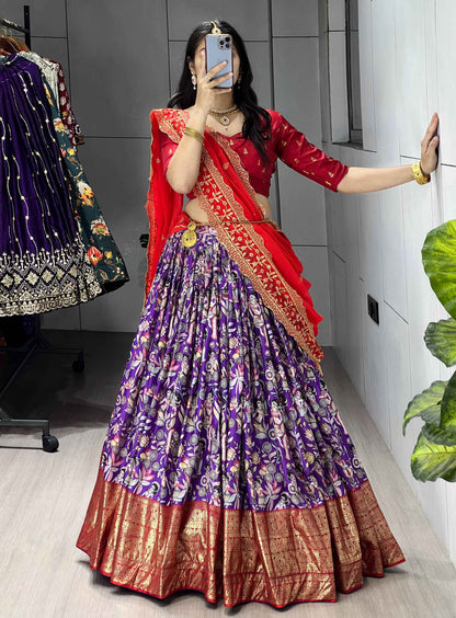 Purple Pure Soft Dola Silk Fully Kalamkari Printed Foil Work Lehenga Choli