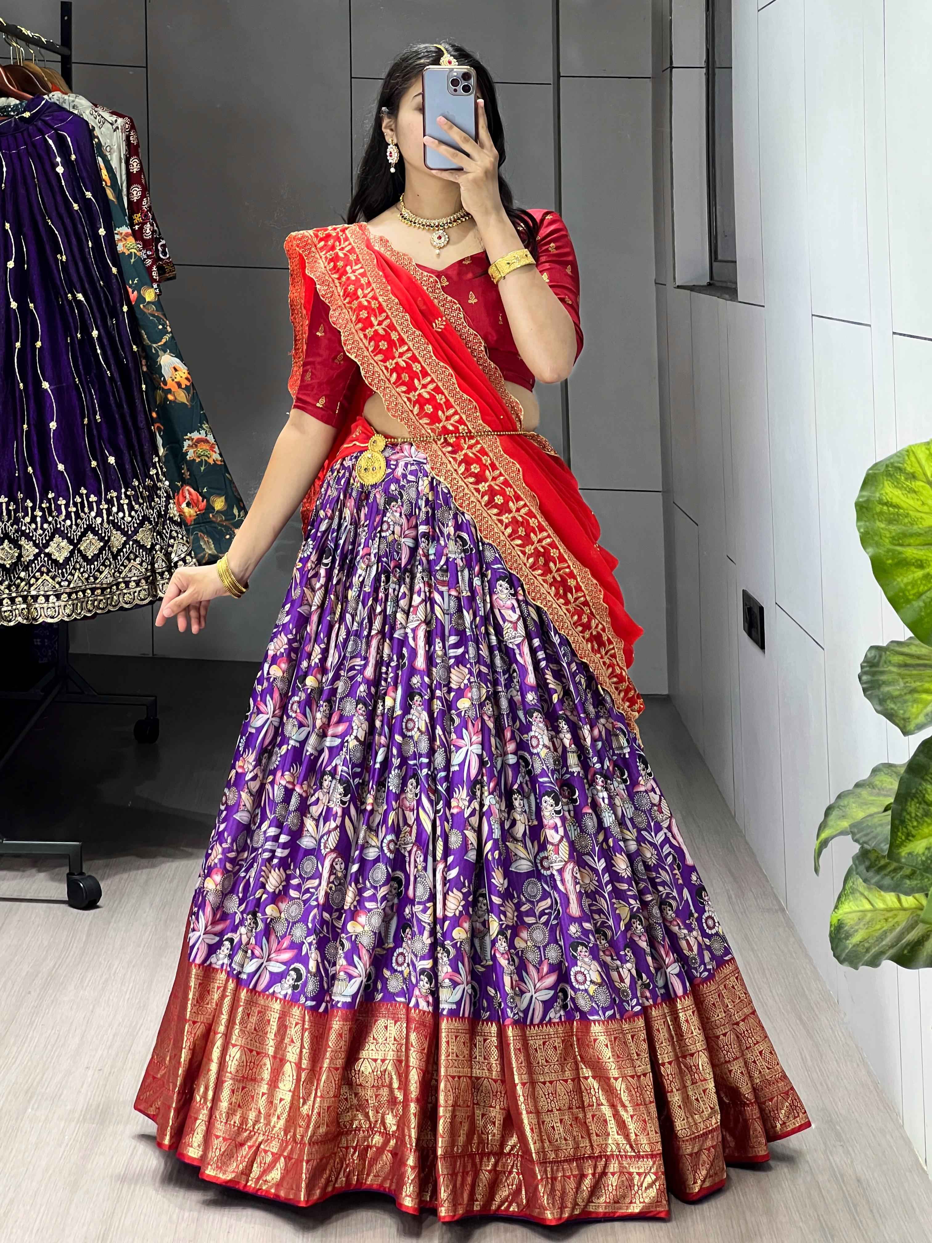 Purple Pure Soft Dola Silk Fully Kalamkari Printed Foil Work Lehenga Choli