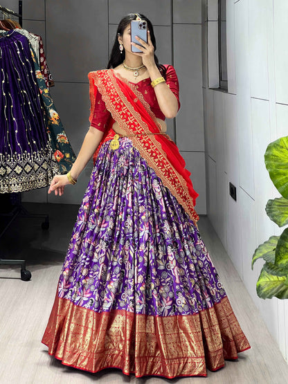 Purple Pure Soft Dola Silk Fully Kalamkari Printed Foil Work Lehenga Choli