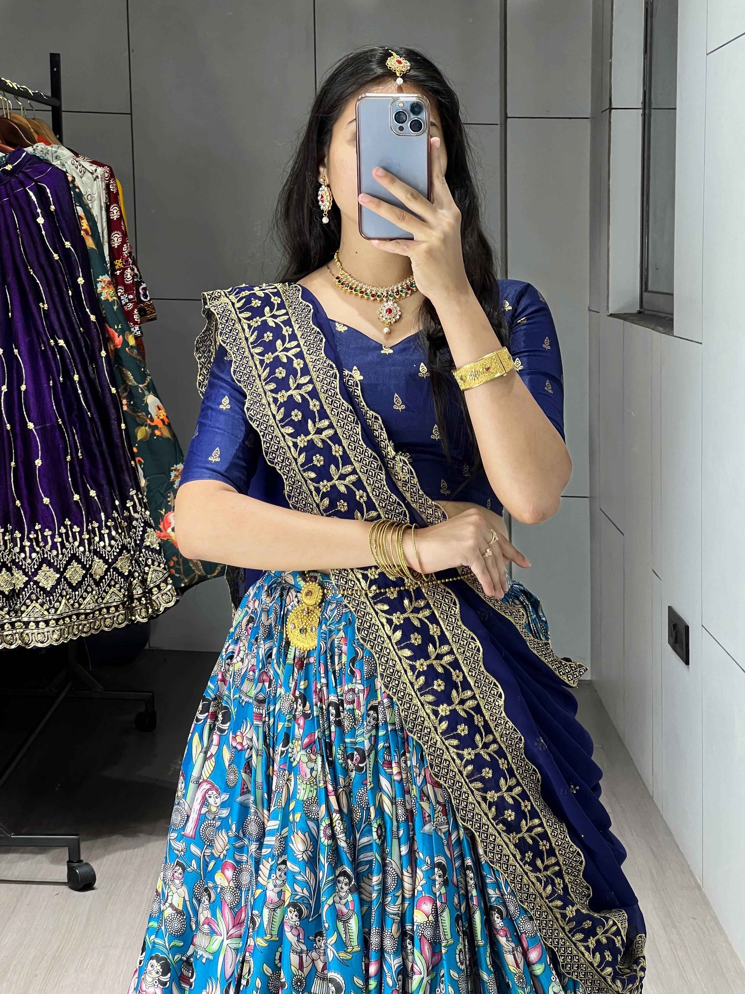 Firozi Pure Soft Dola Silk Fully Kalamkari Printed Foil Work Lehenga Choli