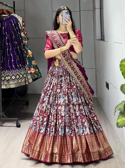 Wine Pure Soft Dola Silk Fully Kalamkari Printed Foil Work Lehenga Choli