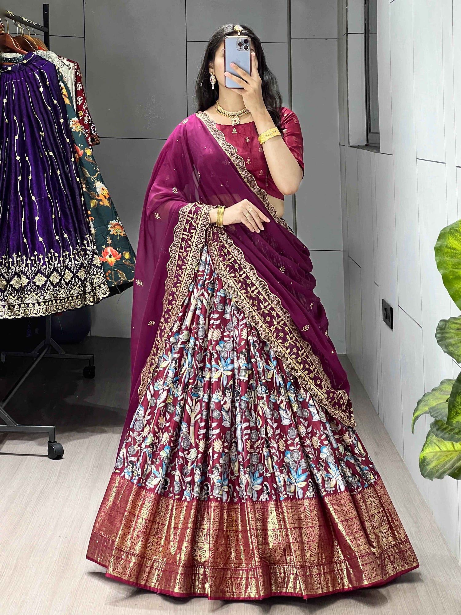 Wine Pure Soft Dola Silk Fully Kalamkari Printed Foil Work Lehenga Choli