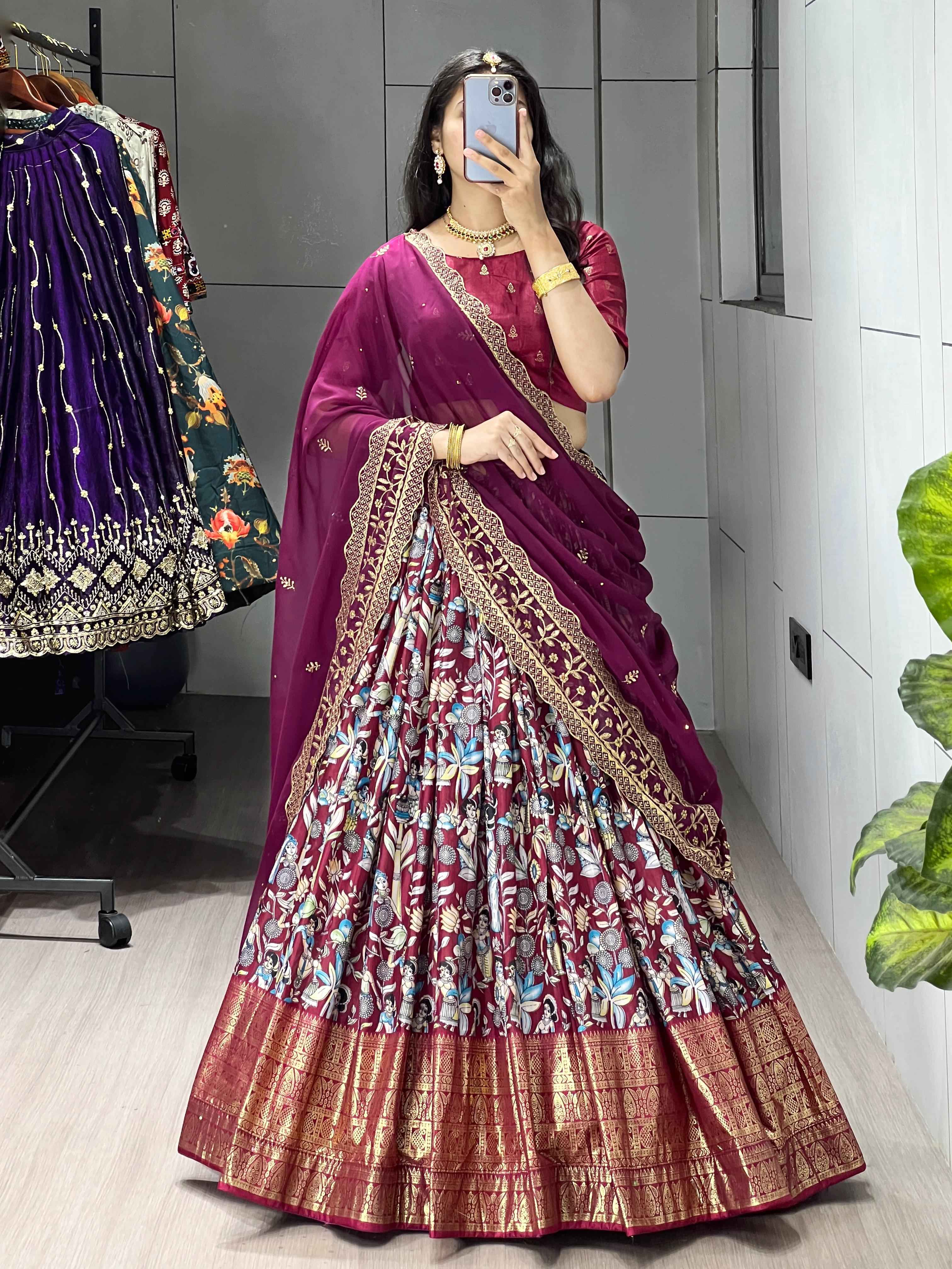 Wine Pure Soft Dola Silk Fully Kalamkari Printed Foil Work Lehenga Choli