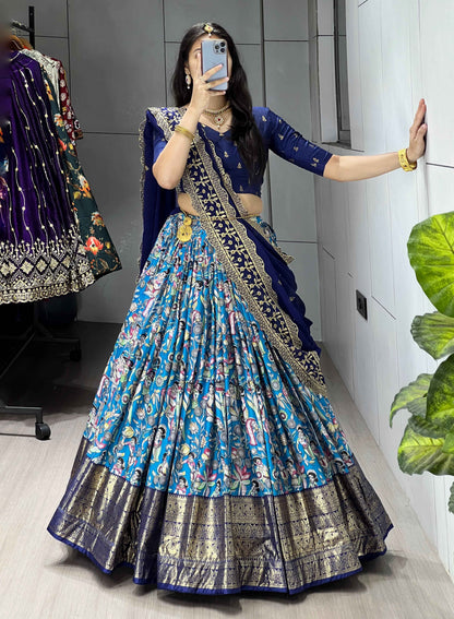 Firozi Pure Soft Dola Silk Fully Kalamkari Printed Foil Work Lehenga Choli
