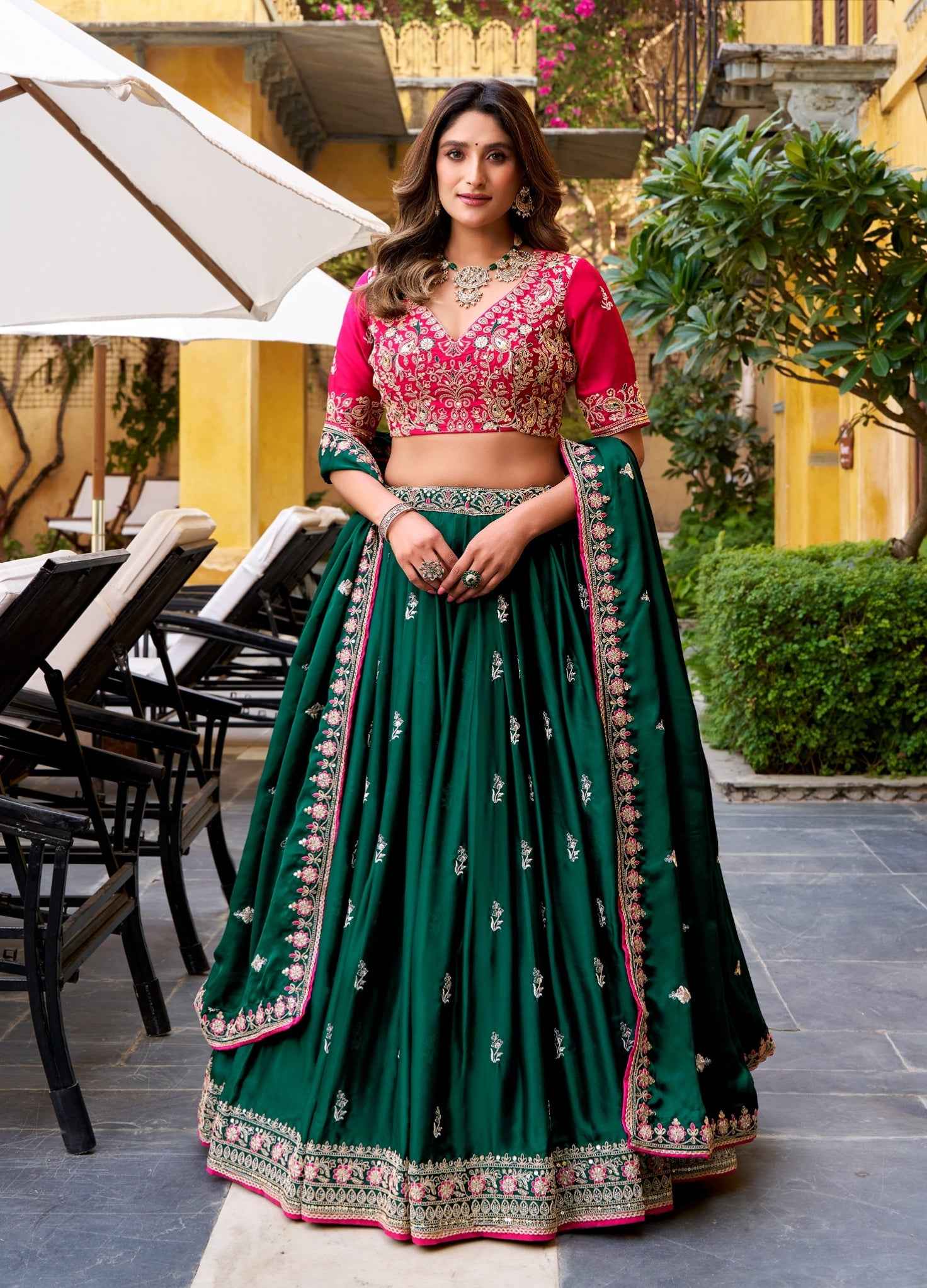 Green Pure Satin Silk Sequins &amp; Thread Embroidery Work Navratri Lehenga Choli