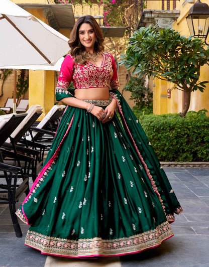 Green Pure Satin Silk Sequins &amp; Thread Embroidery Work Navratri Lehenga Choli