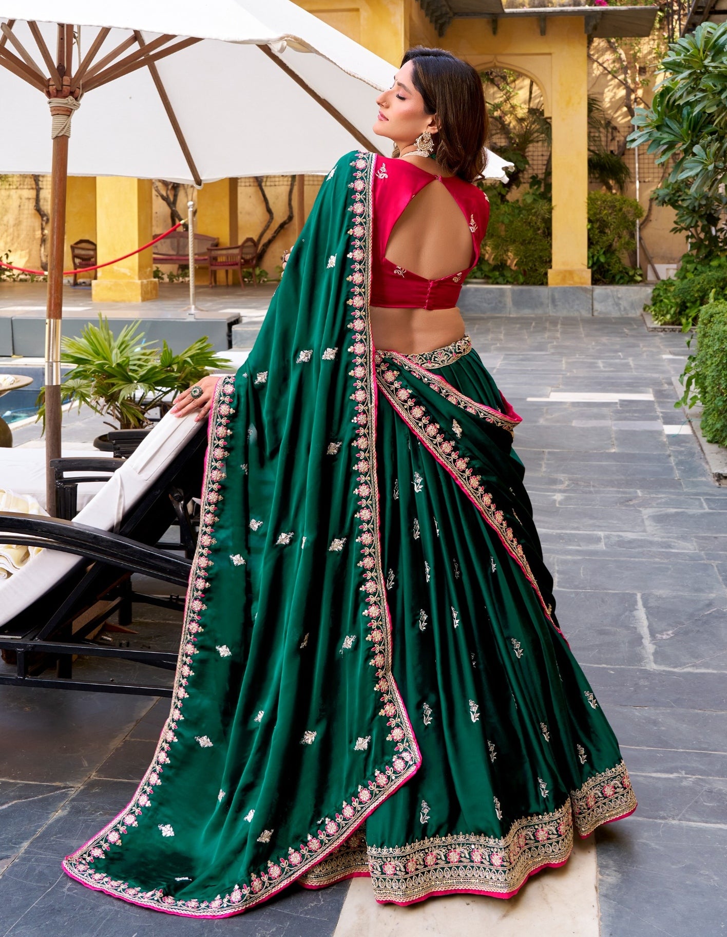 Green Pure Satin Silk Sequins &amp; Thread Embroidery Work Navratri Lehenga Choli