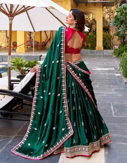 Green Pure Satin Silk Sequins &amp; Thread Embroidery Work Navratri Lehenga Choli