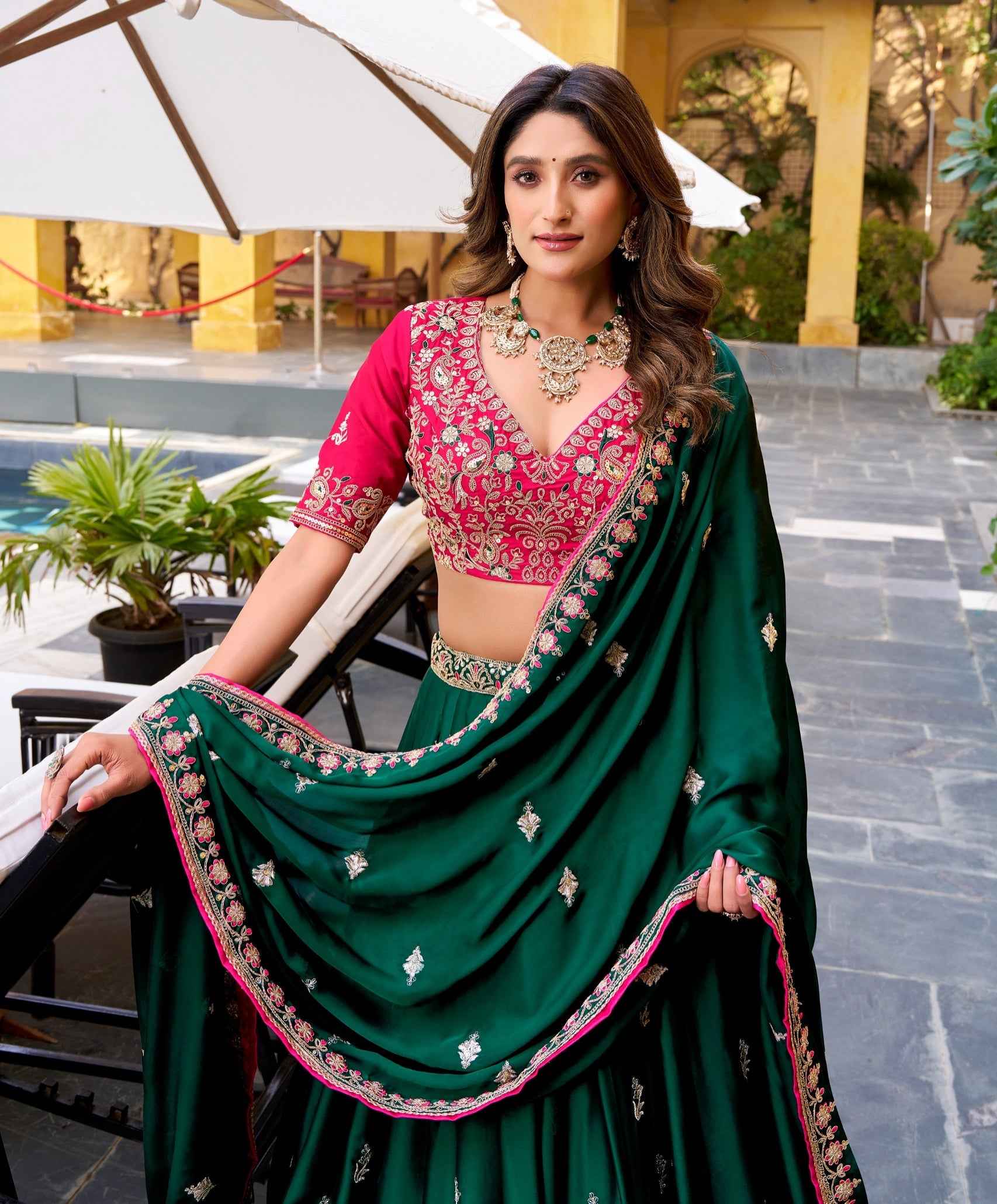 Green Pure Satin Silk Sequins &amp; Thread Embroidery Work Navratri Lehenga Choli