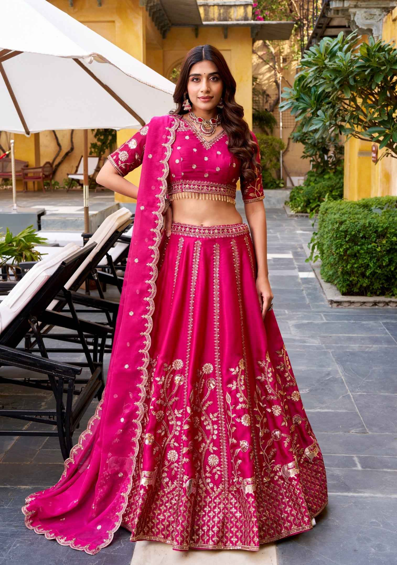 Rani Pink Pure Soft Natural Silk  Sequins &amp; Thread Embroidery Work Lehenga Choli