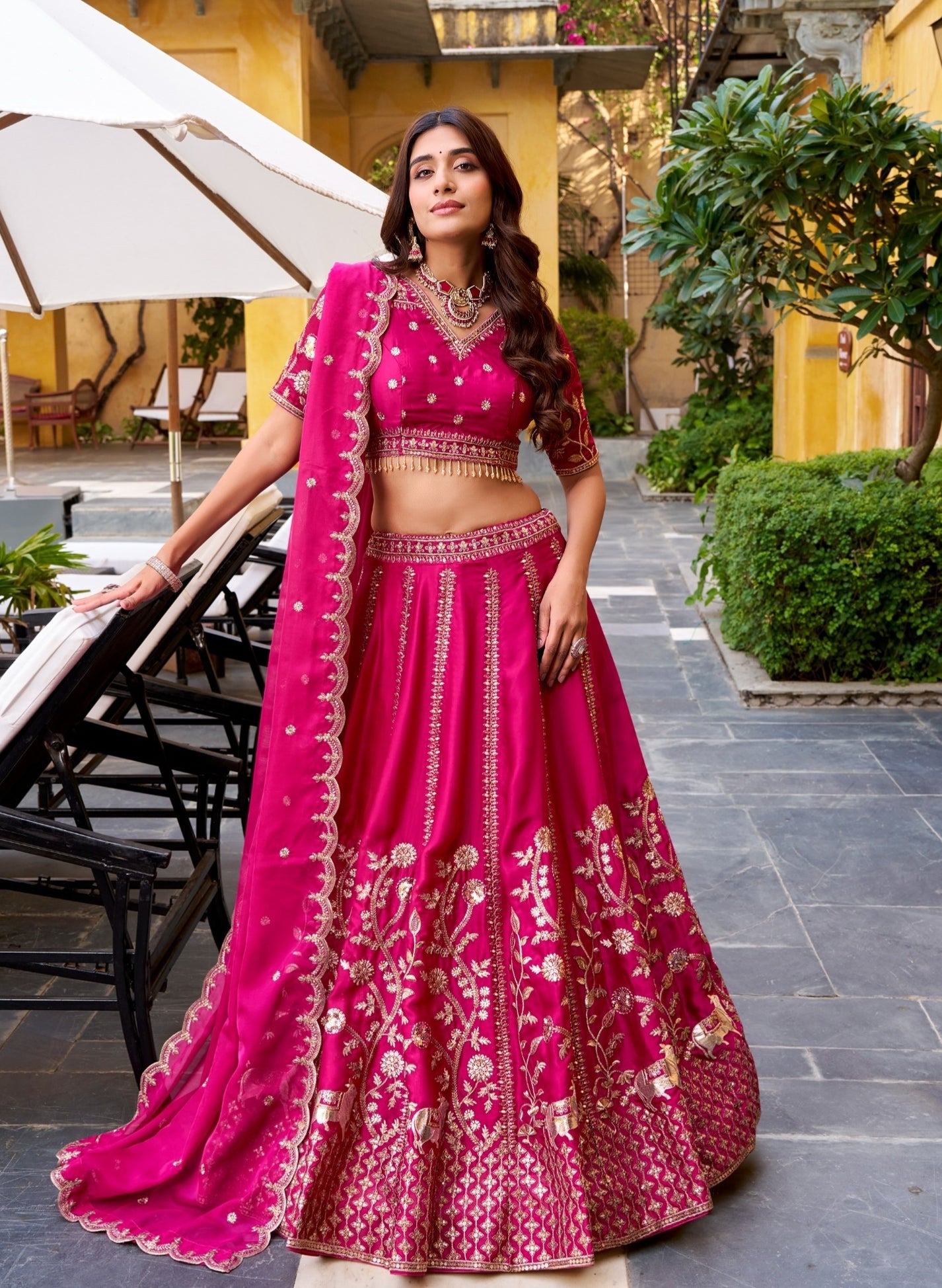 Rani Pink Pure Soft Natural Silk  Sequins &amp; Thread Embroidery Work Lehenga Choli