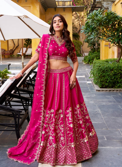 Rani Pink Pure Soft Natural Silk  Sequins &amp; Thread Embroidery Work Lehenga Choli