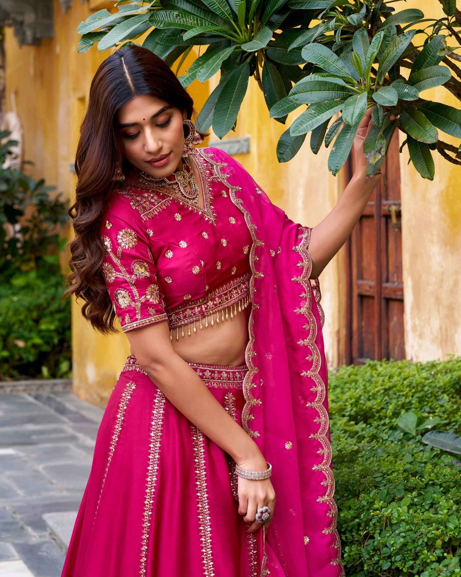 Rani Pink Pure Soft Natural Silk  Sequins &amp; Thread Embroidery Work Lehenga Choli
