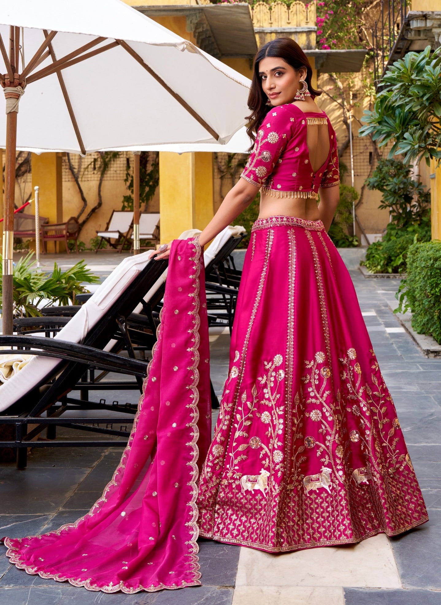 Rani Pink Pure Soft Natural Silk  Sequins &amp; Thread Embroidery Work Lehenga Choli