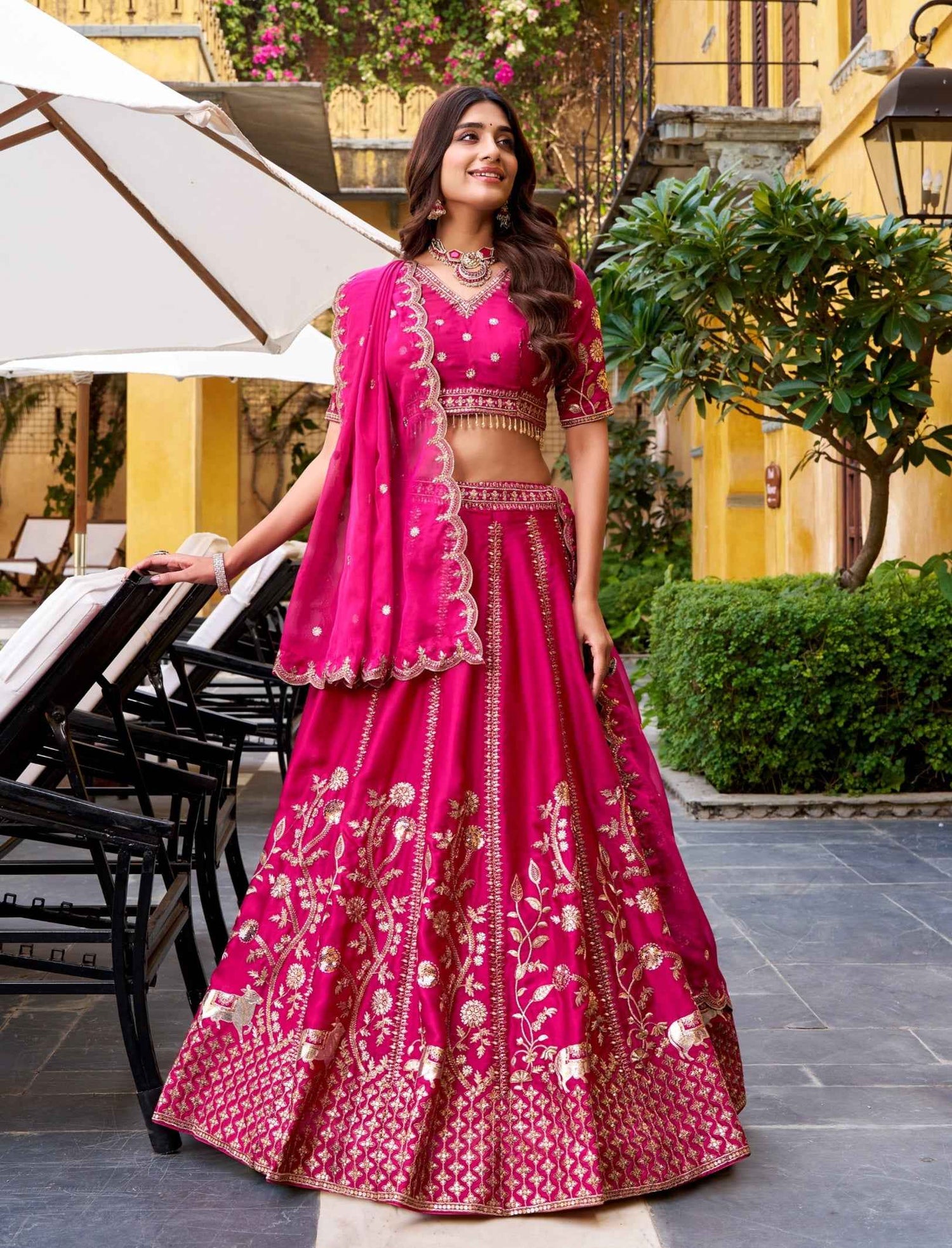 Rani Pink Pure Soft Natural Silk  Sequins &amp; Thread Embroidery Work Lehenga Choli