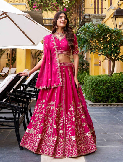 Rani Pink Pure Soft Natural Silk  Sequins &amp; Thread Embroidery Work Lehenga Choli