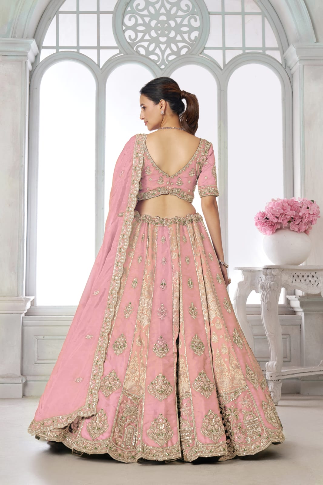 Pink Silk Lehenga Choli with Heavy Embroidery &amp; Organza Dupatta