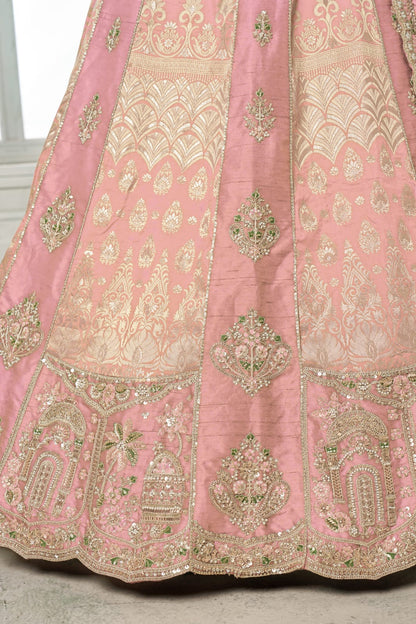 Pink Silk Lehenga Choli with Heavy Embroidery &amp; Organza Dupatta