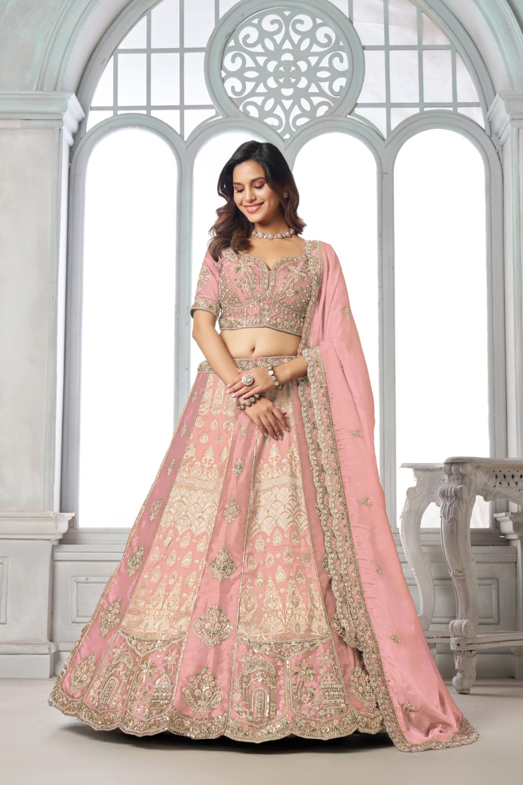 Pink Silk Lehenga Choli with Heavy Embroidery &amp; Organza Dupatta