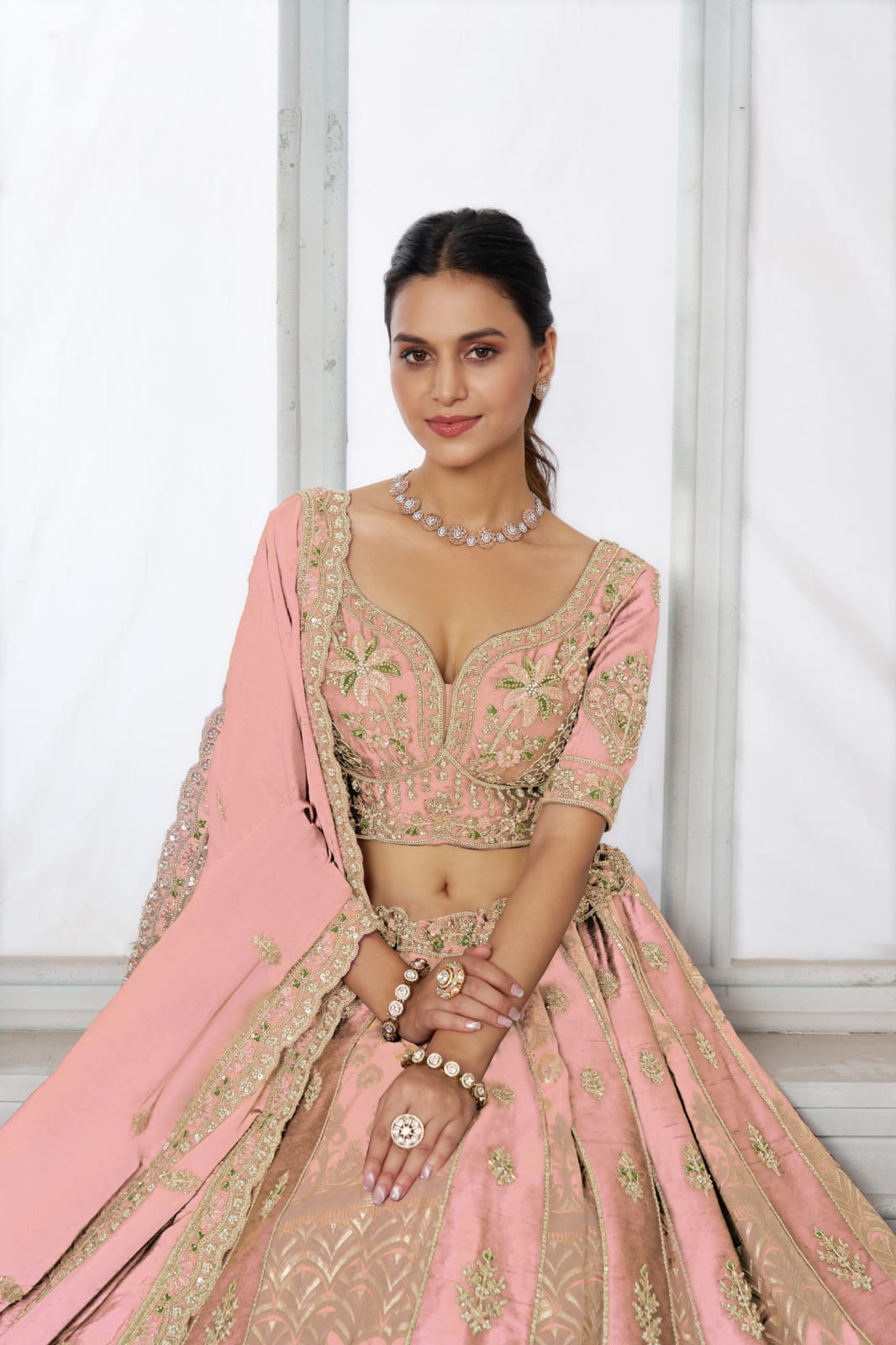 Pink Silk Lehenga Choli with Heavy Embroidery &amp; Organza Dupatta