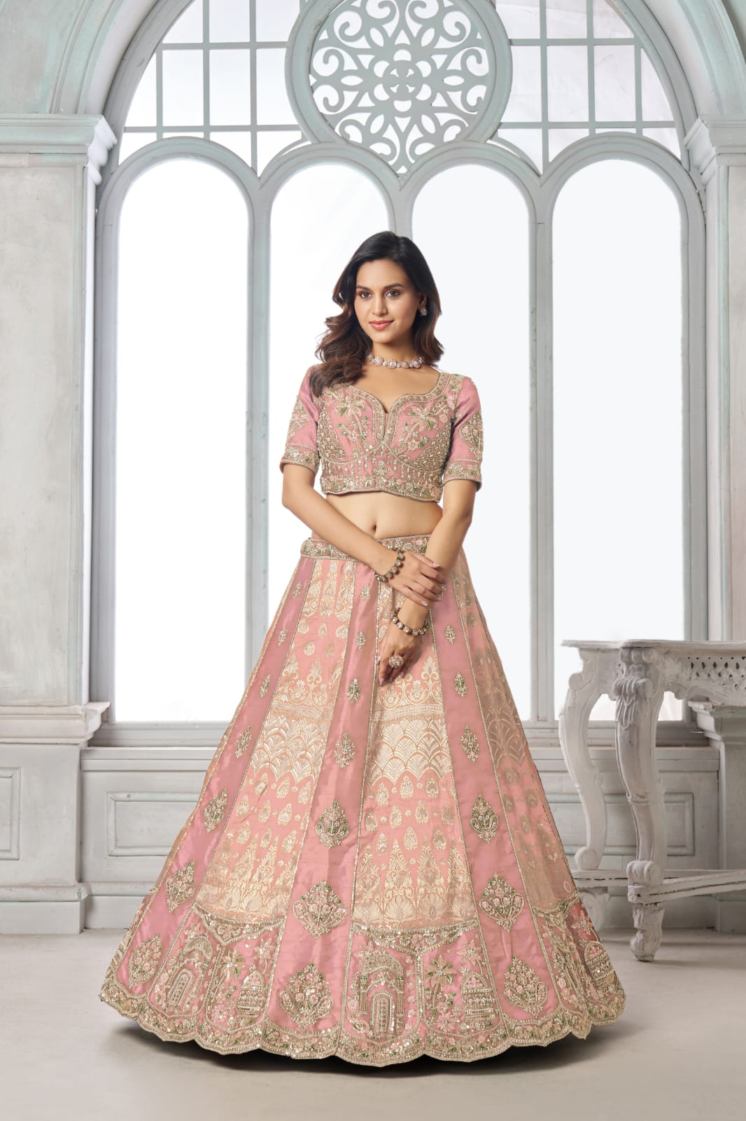 Pink Silk Lehenga Choli with Heavy Embroidery &amp; Organza Dupatta