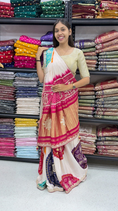 White Pure Gajji Silk Rasmandal Bandhani Print With Lagadi Pallu Saree