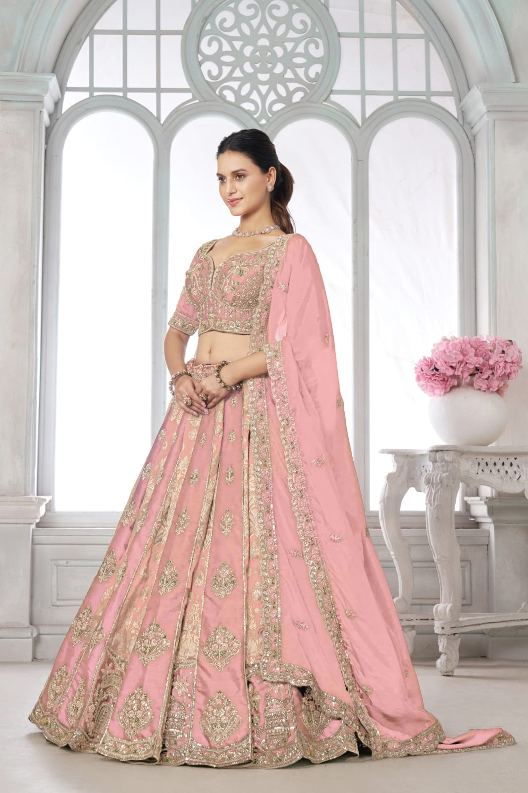 Pink Silk Lehenga Choli with Heavy Embroidery &amp; Organza Dupatta