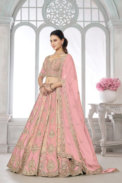 Pink Silk Lehenga Choli with Heavy Embroidery &amp; Organza Dupatta