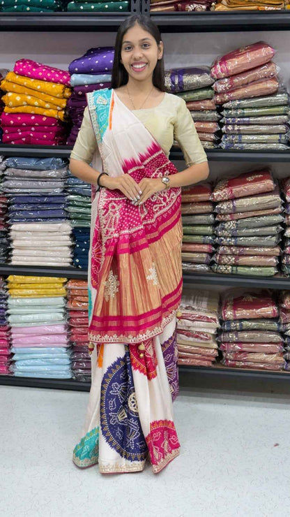 White Pure Gajji Silk Rasmandal Bandhani Print With Lagadi Pallu Saree