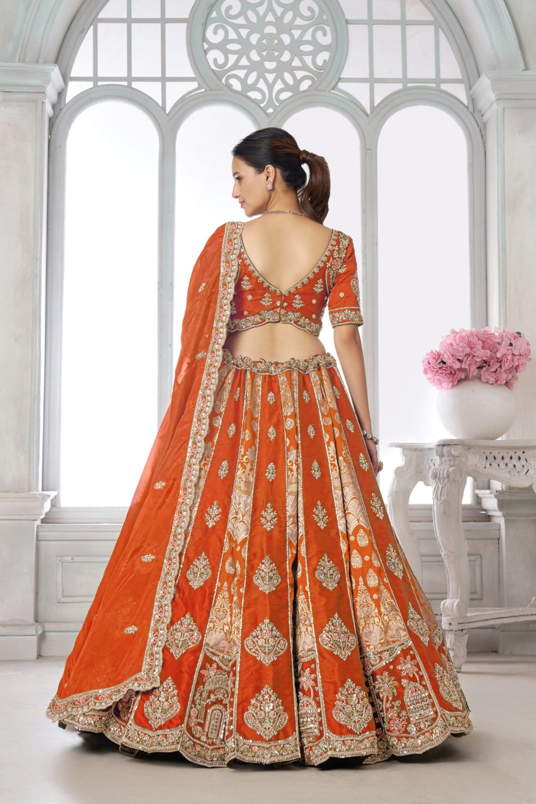 Orange Silk Lehenga Choli with Heavy Embroidery