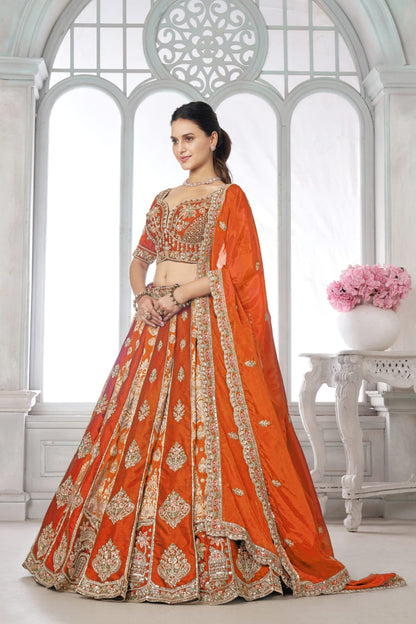 Orange Silk Lehenga Choli with Heavy Embroidery