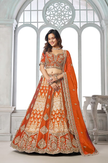 Orange Silk Lehenga Choli with Heavy Embroidery