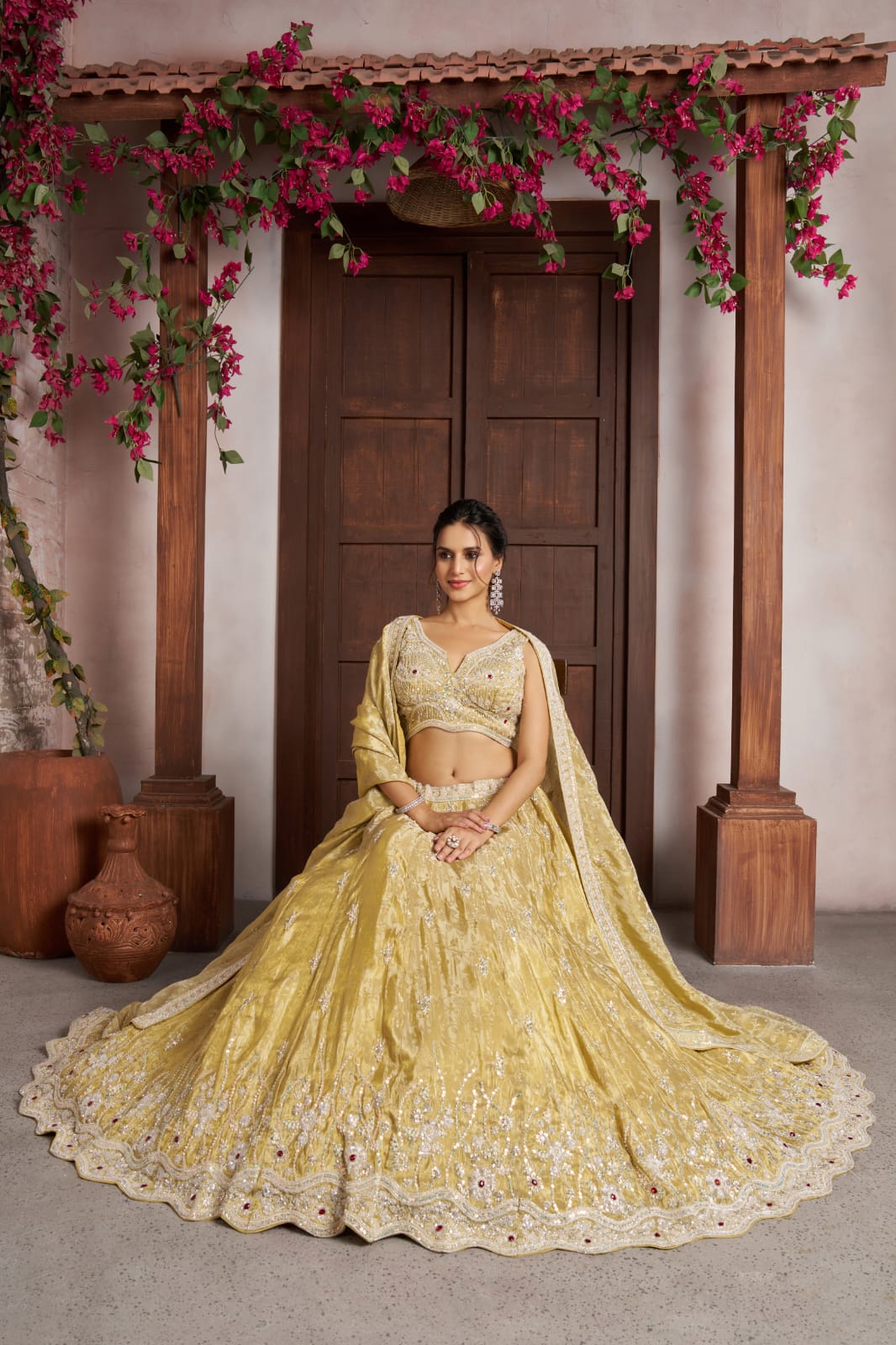 Mustard Yellow Jari Tissue Lehenga Choli with Dupatta