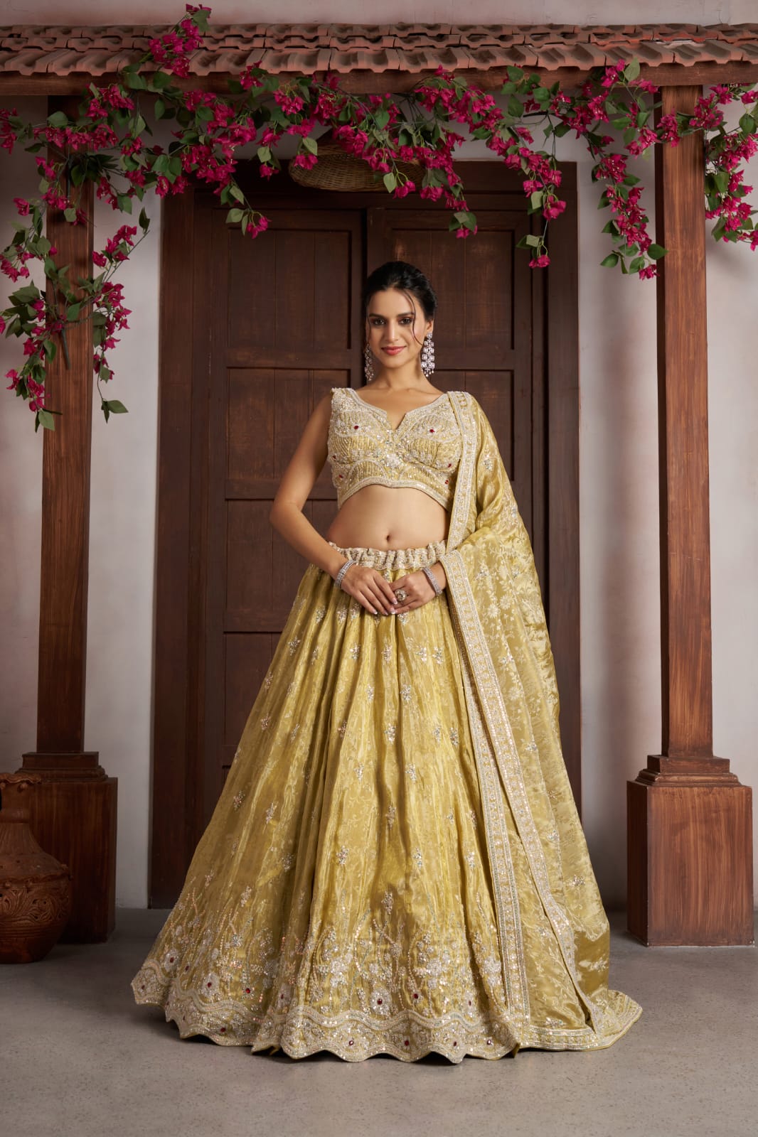 Mustard Yellow Jari Tissue Lehenga Choli with Dupatta