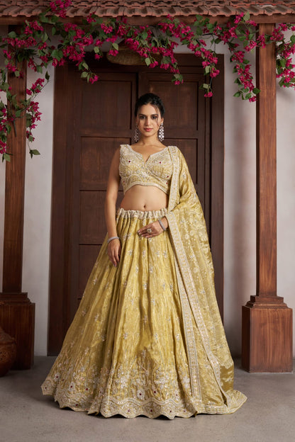 Mustard Yellow Jari Tissue Lehenga Choli with Dupatta