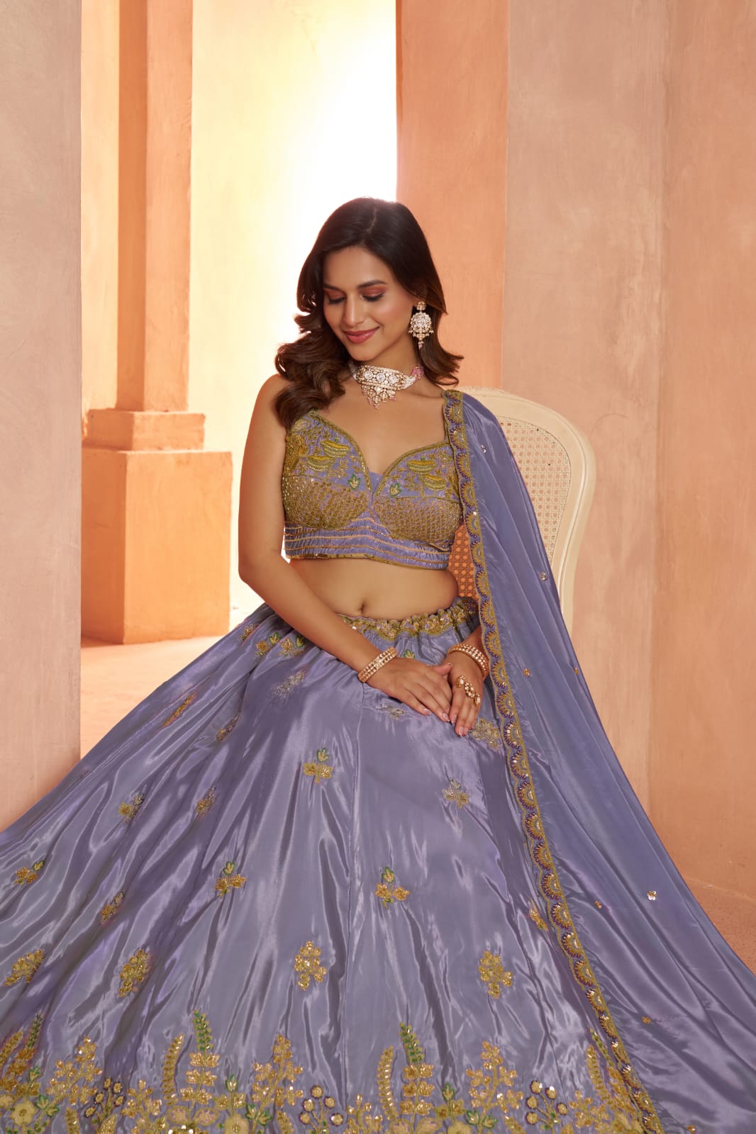Lavender Silk Embroidered Lehenga Choli with Dupatta