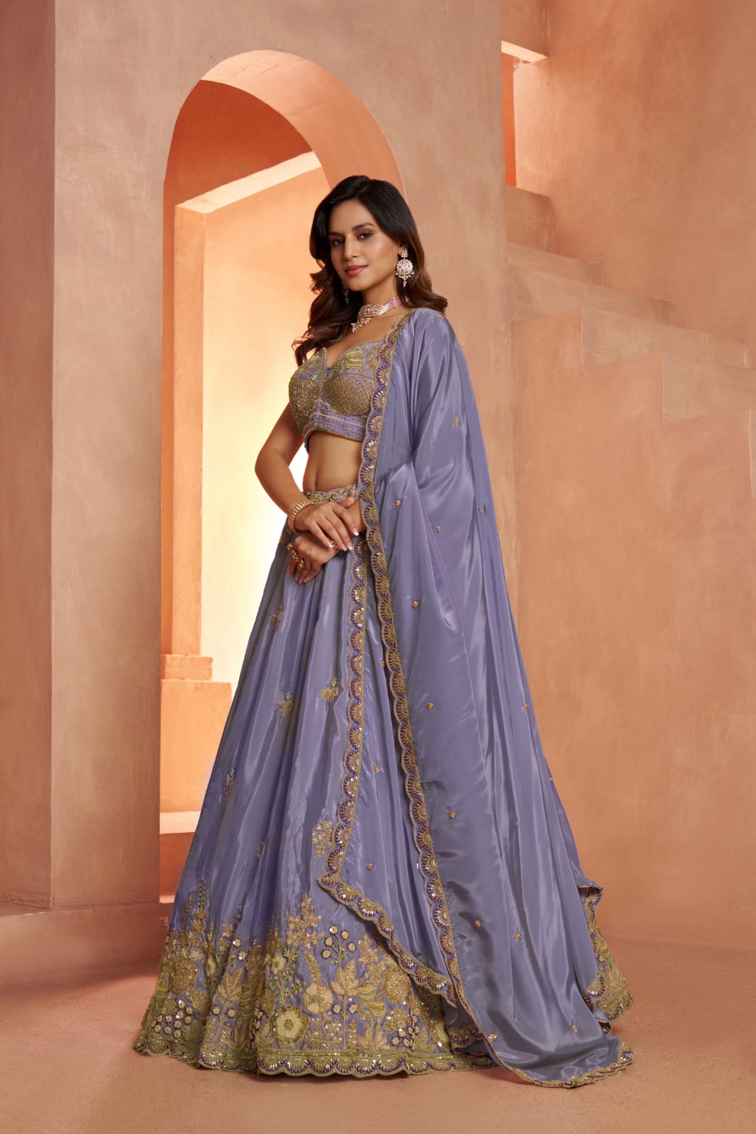 Lavender Silk Embroidered Lehenga Choli with Dupatta