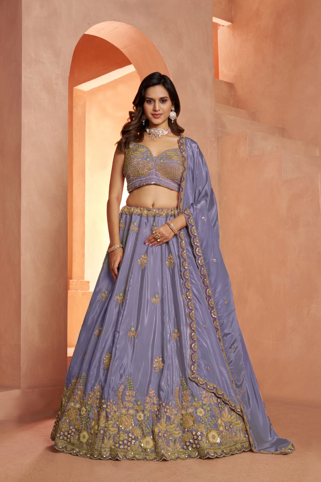 Lavender Silk Embroidered Lehenga Choli with Dupatta