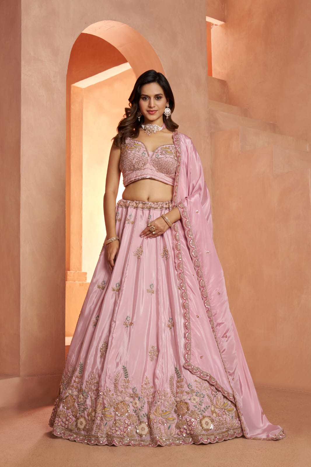 Blush Pink Silk Embroidered Lehenga Choli with Dupatta