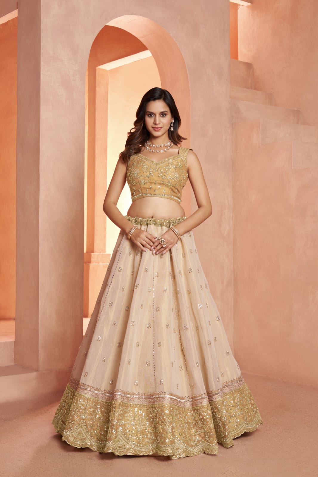 Gold Beige Kanjivaram Tissue Silk Embroidered Lehenga Choli