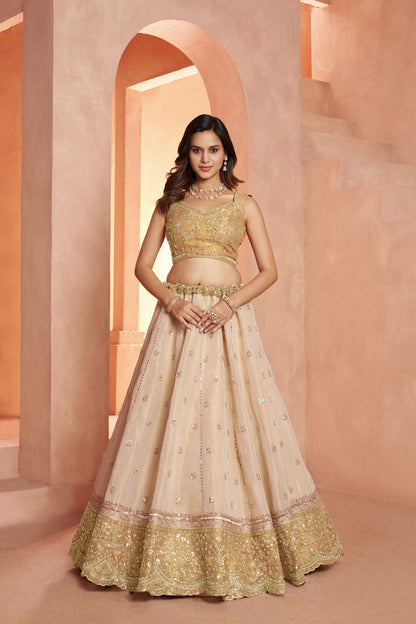 Gold Beige Kanjivaram Tissue Silk Embroidered Lehenga Choli