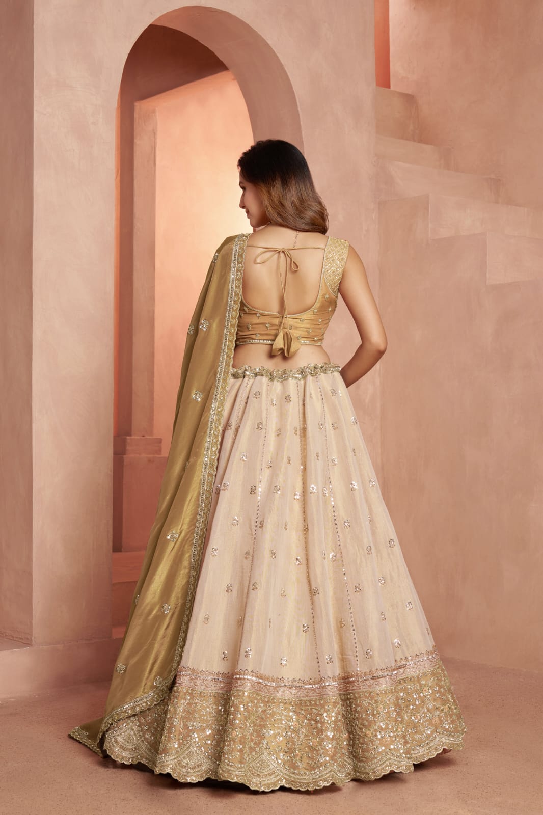 Gold Beige Kanjivaram Tissue Silk Embroidered Lehenga Choli