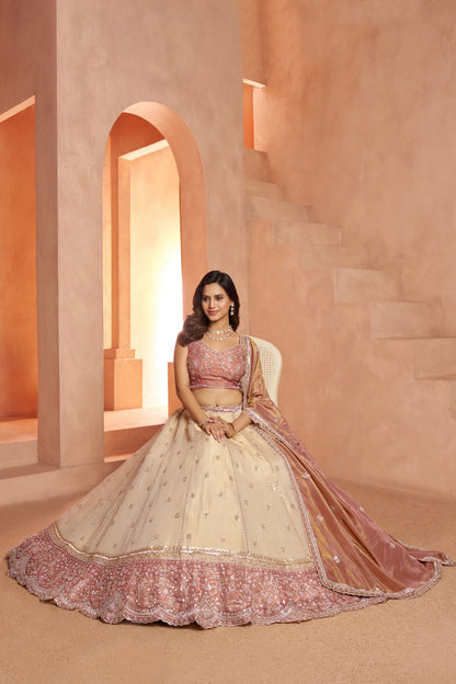 Pink Beige Kanjivaram Tissue Silk Embroidered Lehenga Choli