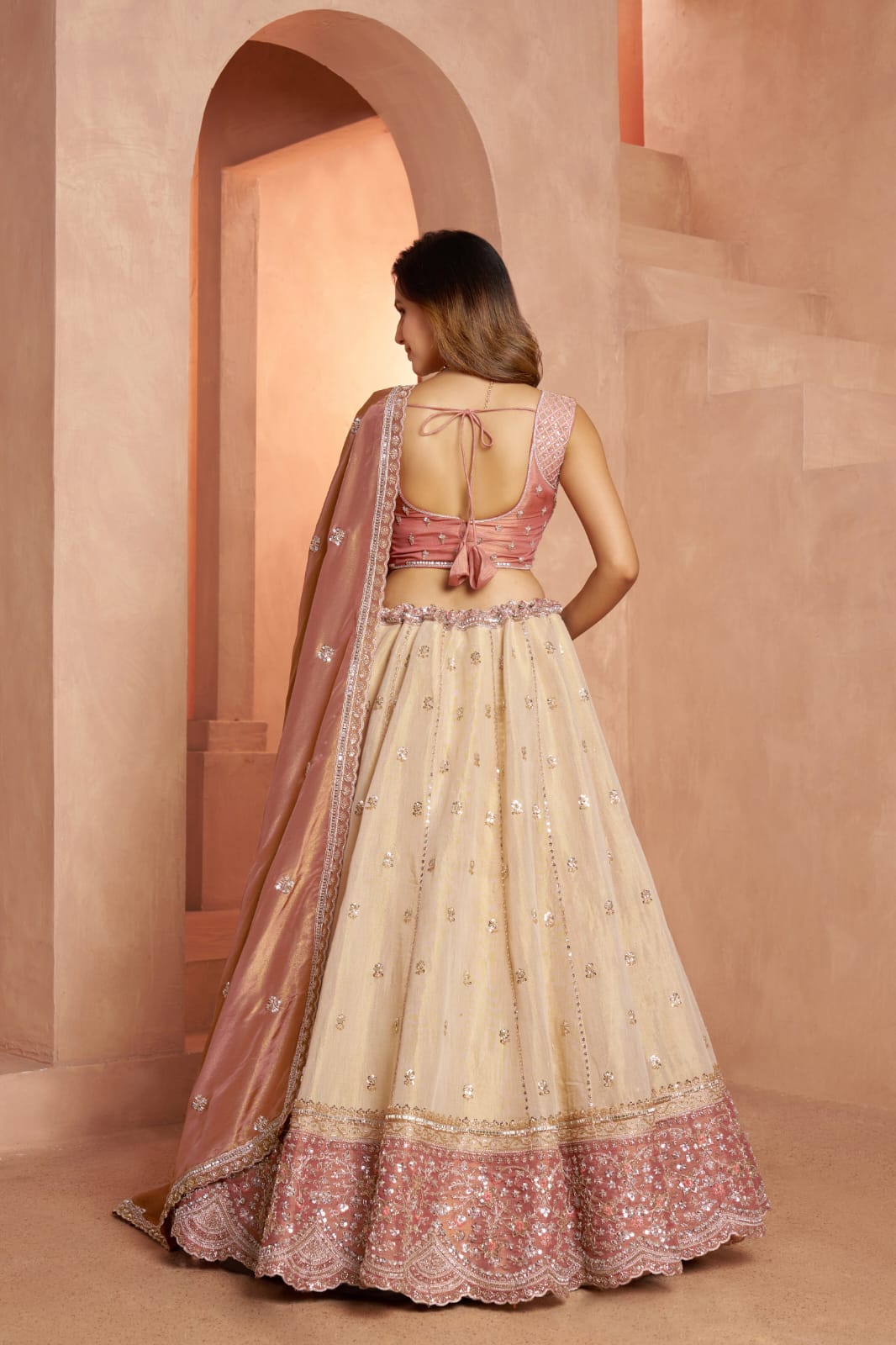 Pink Beige Kanjivaram Tissue Silk Embroidered Lehenga Choli